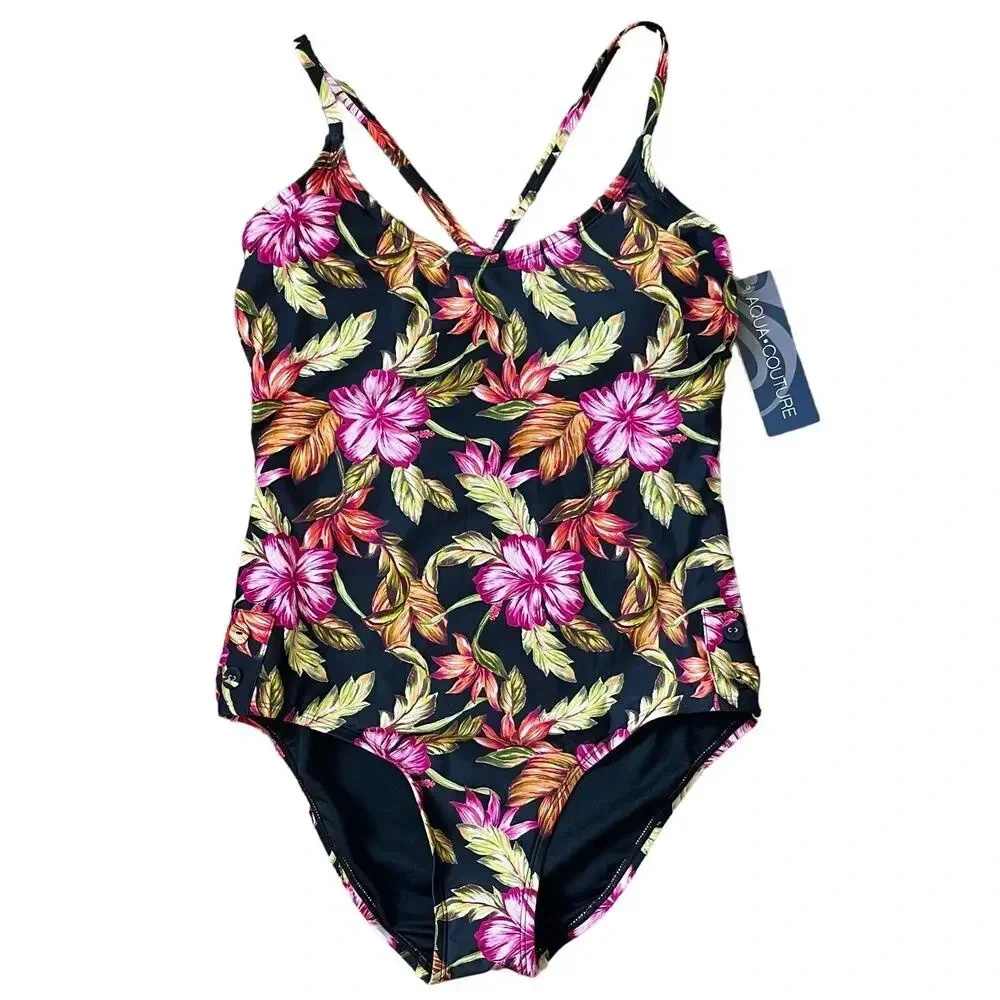 Aqua‎ Couture Tropical Floral One Piece Swimsuit Size M NWT